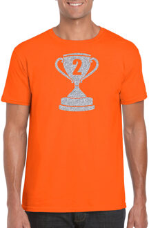 Bellatio Decorations Zilveren kampioens beker / nummer 2 t-shirt / kleding - oranje - voor heren - NR.2 - kampioens shirts / winnaars / outfit 2XL