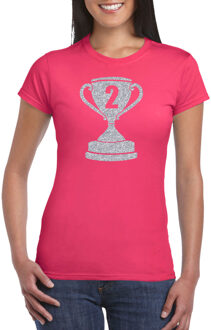 Bellatio Decorations Zilveren kampioens beker / nummer 2 t-shirt / kleding - roze - voor dames - NR.2 - kampioens shirts / winnaars / outfit M