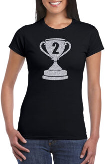 Bellatio Decorations Zilveren kampioens beker / nummer 2 t-shirt / kleding - zwart - voor dames - NR.2 - kampioens shirts / winnaars / outfit 2XL