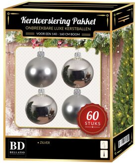 Bellatio Decorations Zilveren kerstballen pakket 60-delig voor 150 cm boom - Kerstbal Multikleur