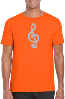 Bellatio Decorations Zilveren muziek noot G-sleutel / muziek feest t-shirt / kleding - oranje - voor heren - muziek shirts / muziek liefhebber / outfit M