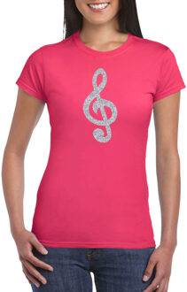 Bellatio Decorations Zilveren muziek noot G-sleutel / muziek feest t-shirt / kleding - roze - voor dames - muziek shirts / muziek liefhebber / outfit XL