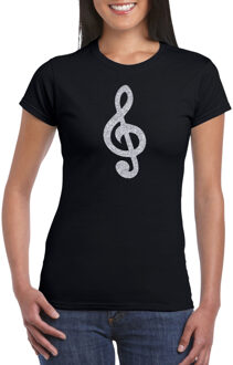 Bellatio Decorations Zilveren muziek noot G-sleutel / muziek feest t-shirt / kleding zwart dames