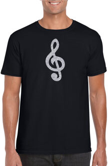 Bellatio Decorations Zilveren muziek noot G-sleutel / muziek feest t-shirt / kleding zwart heren