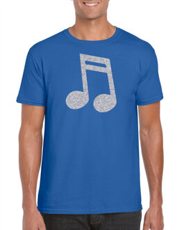Bellatio Decorations Zilveren muziek noot  / muziek feest t-shirt / kleding - blauw - voor heren - muziek shirts / muziek liefhebber / outfit S