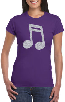 Bellatio Decorations Zilveren muziek noot  / muziek feest t-shirt / kleding - paars - voor dames - muziek shirts / muziek liefhebber / outfit L