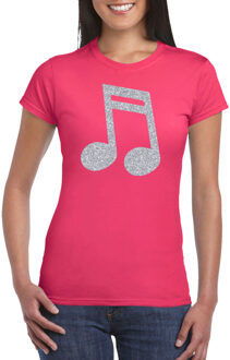 Bellatio Decorations Zilveren muziek noot  / muziek feest t-shirt / kleding - roze - voor dames - muziek shirts / muziek liefhebber / outfit L