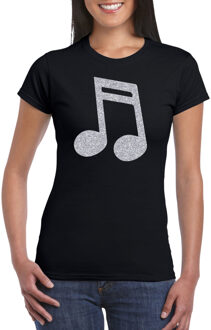 Bellatio Decorations Zilveren muziek noot  / muziek feest t-shirt / kleding - zwart - voor dames - muziek shirts / muziek liefhebber / outfit XS
