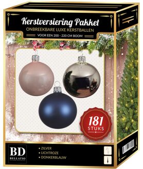 Bellatio Decorations Zilveren/roze/blauwe kerstballen pakket 181-delig voor 210 cm boom - Kerstbal Multikleur