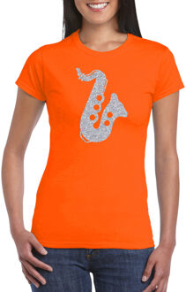 Bellatio Decorations Zilveren saxofoon / muziek t-shirt / kleding - oranje - voor dames - muziek shirts / muziek liefhebber / jazz / saxofonisten outfit M