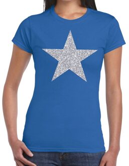 Bellatio Decorations Zilveren ster glitter t-shirt blauw dames 2XL