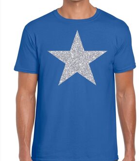 Bellatio Decorations Zilveren ster glitter t-shirt blauw heren 2XL