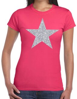 Bellatio Decorations Zilveren ster glitter t-shirt fuchsia roze dames 2XL