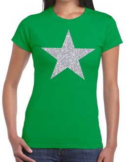 Bellatio Decorations Zilveren ster glitter t-shirt groen dames XS