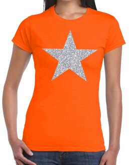 Bellatio Decorations Zilveren ster glitter t-shirt oranje dames XS