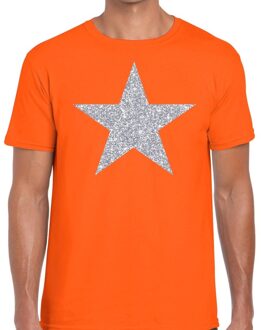 Bellatio Decorations Zilveren ster glitter t-shirt oranje heren 2XL