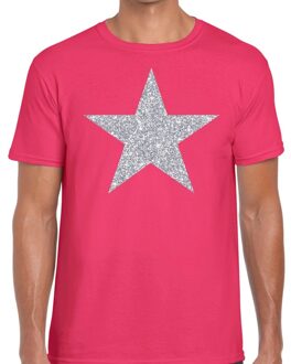 Bellatio Decorations Zilveren ster glitter t-shirt roze heren 2XL