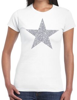 Bellatio Decorations Zilveren ster glitter t-shirt wit dames XS