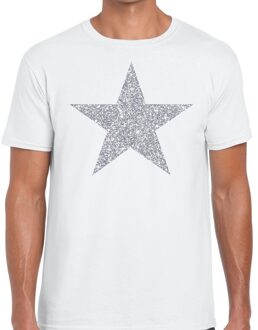 Bellatio Decorations Zilveren ster glitter t-shirt wit heren 2XL