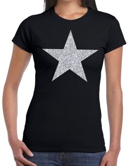 Bellatio Decorations Zilveren ster glitter t-shirt zwart dames L