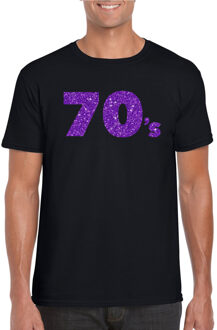 Bellatio Decorations Zwart 70s t-shirt met paarse glitters heren