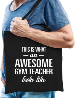 Bellatio Decorations Zwart cadeau tas awesome gym teacher / geweldige gymleraar voor dames en heren - Feest Boodschappentassen