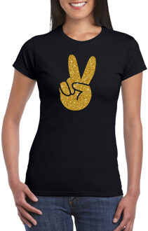 Bellatio Decorations Zwart Flower Power t-shirt gouden glitter peace hand dames