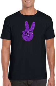 Bellatio Decorations Zwart Flower Power t-shirt paarse glitter peace hand heren
