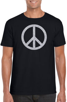 Bellatio Decorations Zwart Flower Power t-shirt zilveren glitter peace teken heren