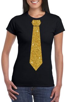 Bellatio Decorations Zwart fun t-shirt met stropdas in glitter goud dames