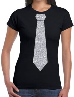 Bellatio Decorations Zwart fun t-shirt met stropdas in glitter zilver dames