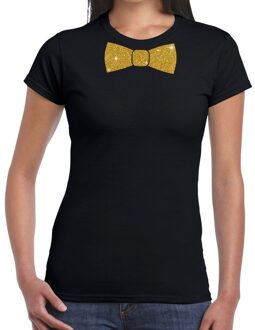 Bellatio Decorations Zwart fun t-shirt met vlinderdas in glitter goud dames L