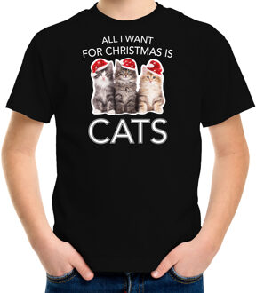 Bellatio Decorations Zwart Kerst shirt/ Kerstkleding All i want for Christmas is cats voor kinderen L (140-152) - kerst t-shirts kind