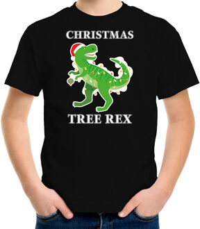 Bellatio Decorations Zwart Kerst shirt / Kerstkleding Christmas tree rex voor kinderen XS (104-110) - kerst t-shirts kind