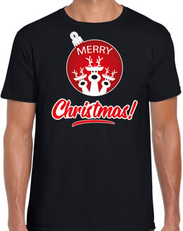 Bellatio Decorations Zwart Kerst shirt / Kerstkleding Merry Christmas voor heren met rendier kerstbal 2XL - kerst t-shirts