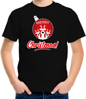 Bellatio Decorations Zwart Kerst shirt / Kerstkleding Merry Christmas voor kinderen met rendier kerstbal L (140-152) - kerst t-shirts kind