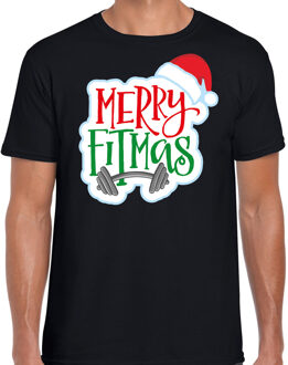 Bellatio Decorations Zwart Kerst shirt/ Kerstkleding Merry fitmas voor heren 2XL - kerst t-shirts