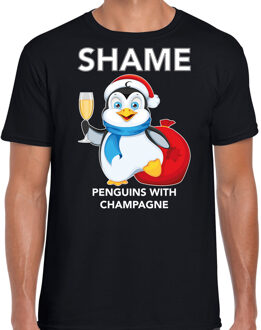 Bellatio Decorations Zwart Kerst shirt/ Kerstkleding met pinguin Shame penguins with champagne voor heren 2XL - kerst t-shirts