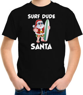 Bellatio Decorations Zwart Kerst shirt/ Kerstkleding surf dude Santa voor kinderen L (140-152) - kerst t-shirts kind