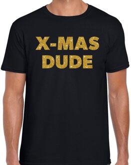 Bellatio Decorations Zwart Kerst shirt / kerstkleding X-mas dude goud glitter op zwart heren 2XL (56) - kerst t-shirts