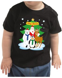 Bellatio Decorations Zwart kerst shirt / kleding kerstman en zijn dierenvrienden voor peuters / kinderen 86 (9-18 maanden) - kerst t-shirts k