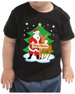 Bellatio Decorations Zwart kerst shirt / kleding Merry Christmas kerstman/rendier voor baby / kinderen 74 (5-9 maanden) - kerst t-shirts kind