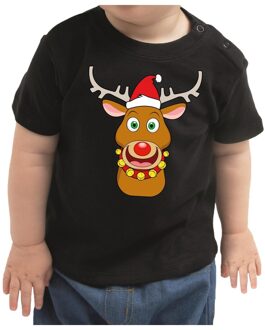 Bellatio Decorations Zwart kerst shirt / kleding Rudolf het rendier met rode neus voor baby / kinderen 62 (1-3 maanden) - kerst t-shirts kind