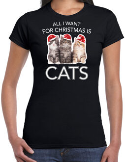 Bellatio Decorations Zwart Kerstshirt / Kerstkleding All i want for Christmas is cats voor dames 2XL - kerst t-shirts