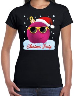 Bellatio Decorations Zwart kerstshirt / kerstkleding Christmas party met roze coole kerstbal voor dames 2XL - kerst t-shirts