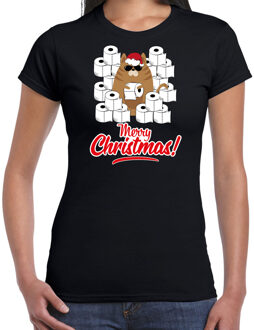 Bellatio Decorations Zwart Kerstshirt / Kerstkleding hamsterende kat Merry Christmas voor dames XS - kerst t-shirts