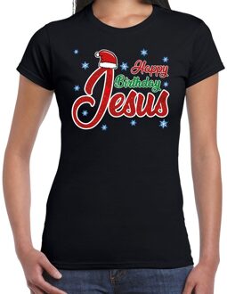 Bellatio Decorations Zwart kerstshirt / kerstkleding Happy birthday Jesus voor dames XS - kerst t-shirts