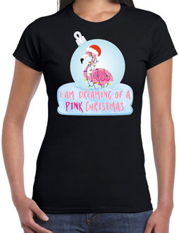 Bellatio Decorations Zwart Kerstshirt / Kerstkleding I am dreaming of a pink Christmas voor dames met flamingo kerstbal XS - kerst t-shirts