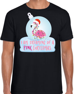 Bellatio Decorations Zwart Kerstshirt / Kerstkleding I am dreaming of a pink Christmas voor heren met flamingo kerstbal 2XL - kerst t-shirts