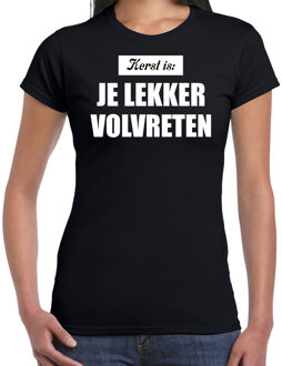 Bellatio Decorations Zwart Kerstshirt / Kerstkleding Kerst is: je lekker volvreten voor dames XS - kerst t-shirts